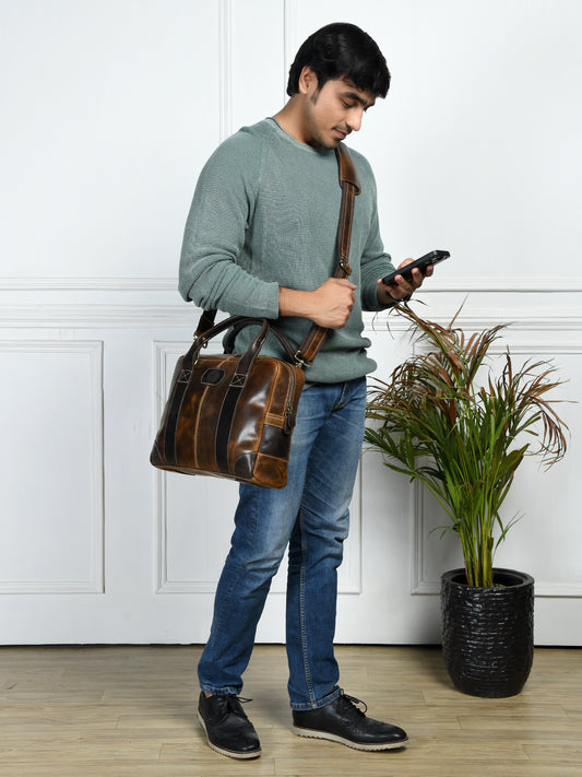 StratoCore Leather Laptop Messenger Bag - Tan Brown