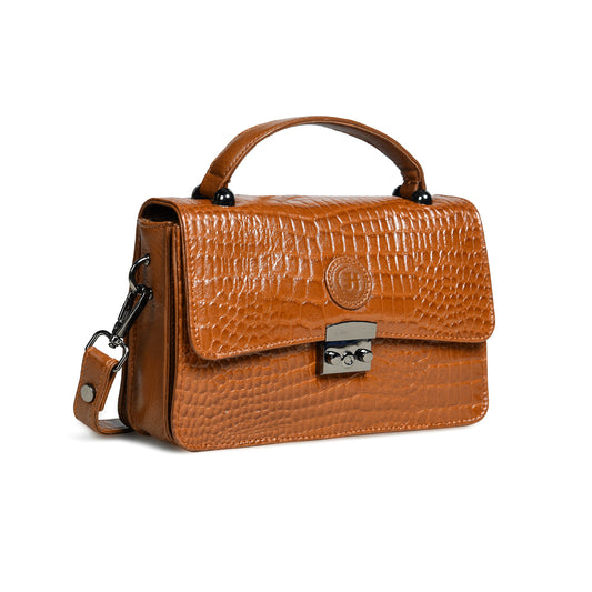 Classic Croco Leather Mini Satchel - Brown