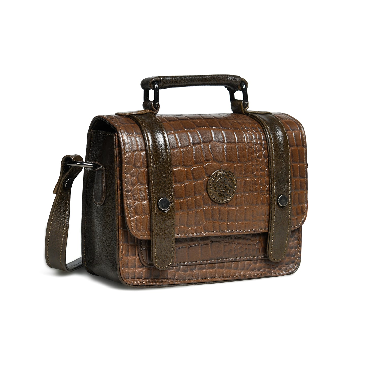 Petite Vintage Croco Leather Handbag - Tan Brown