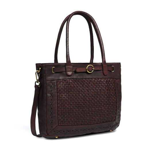 Woven Leather Tote Bag - Dark Brown