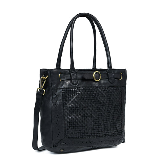 Woven Leather Tote Bag - Black