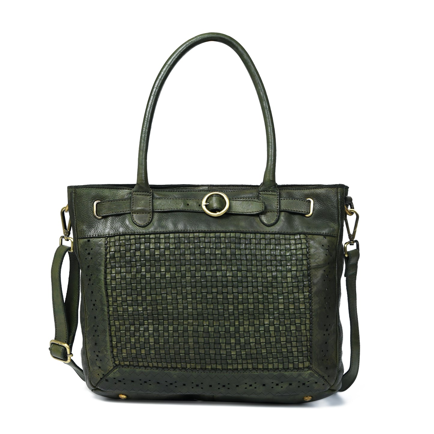 Woven Leather Tote Bag - Olive Green