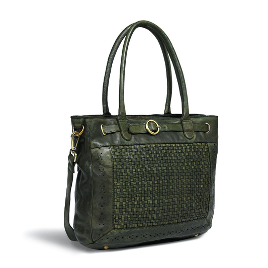 Woven Leather Tote Bag - Olive Green
