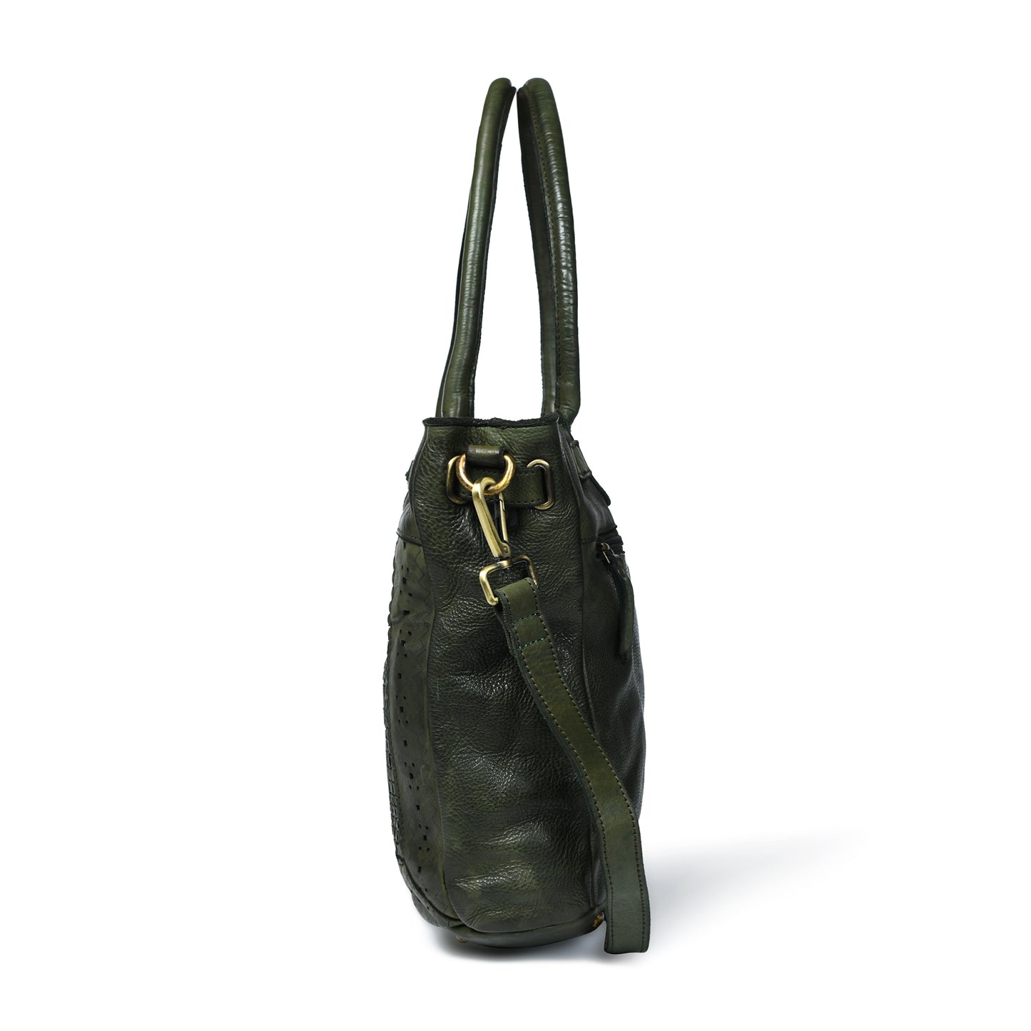 Woven Leather Tote Bag - Olive Green