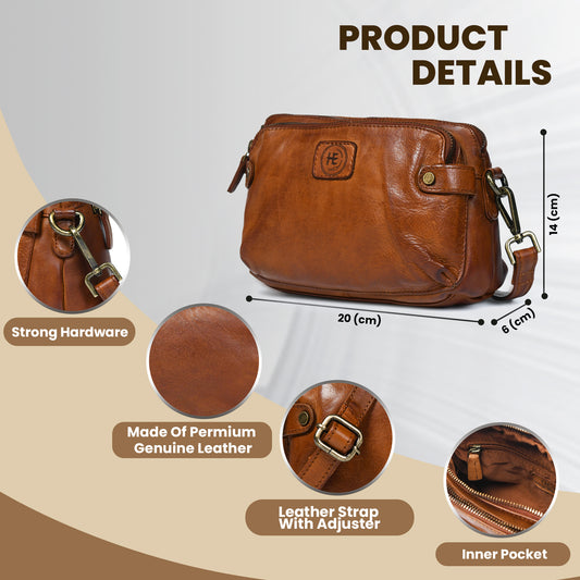 Tan Brown Leather Bag - product details showing dimensions, hardware, strap adjuster & inner pocket, handcrafted buffalo leather |
