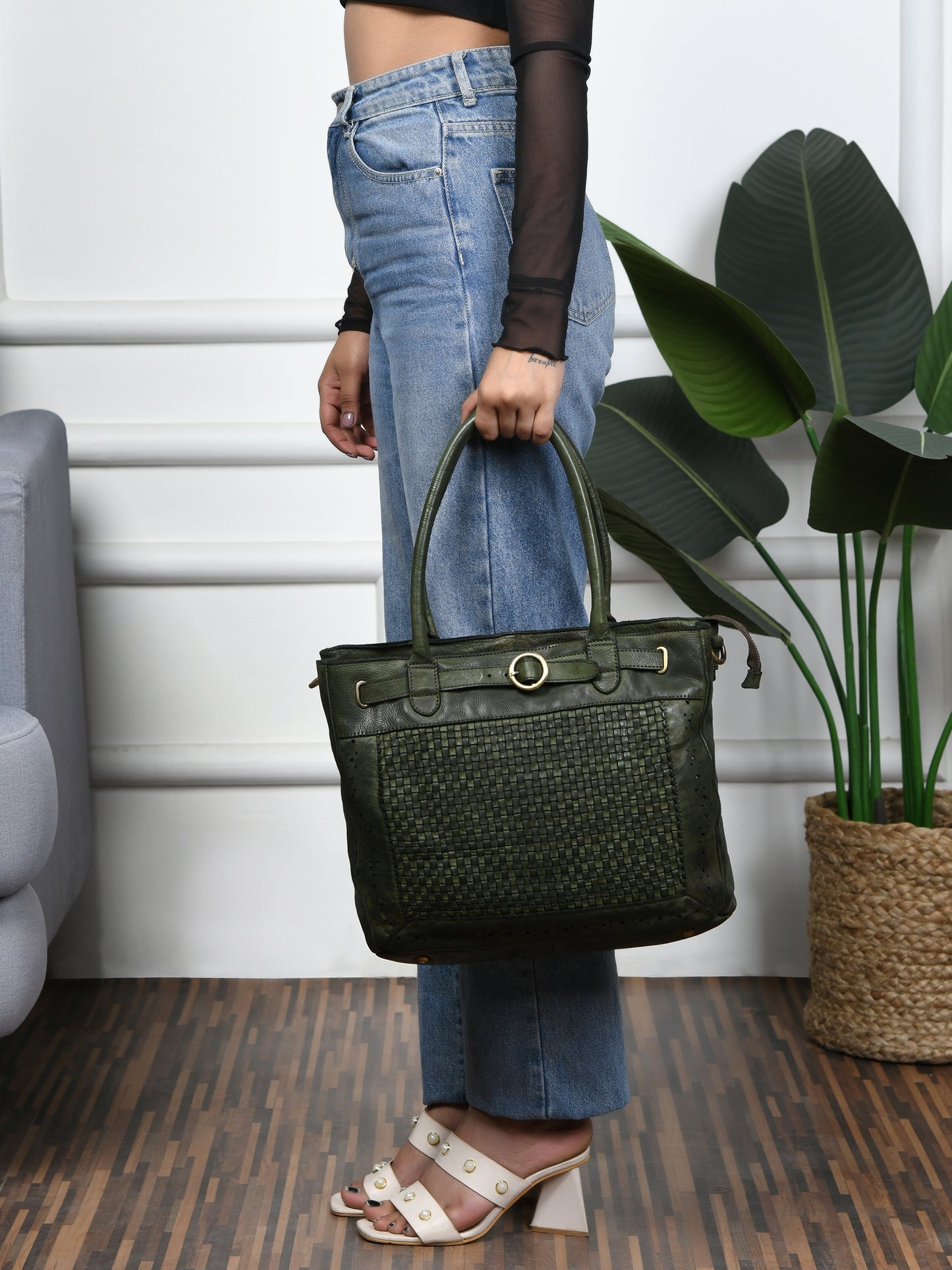 Woven Leather Tote Bag - Olive Green