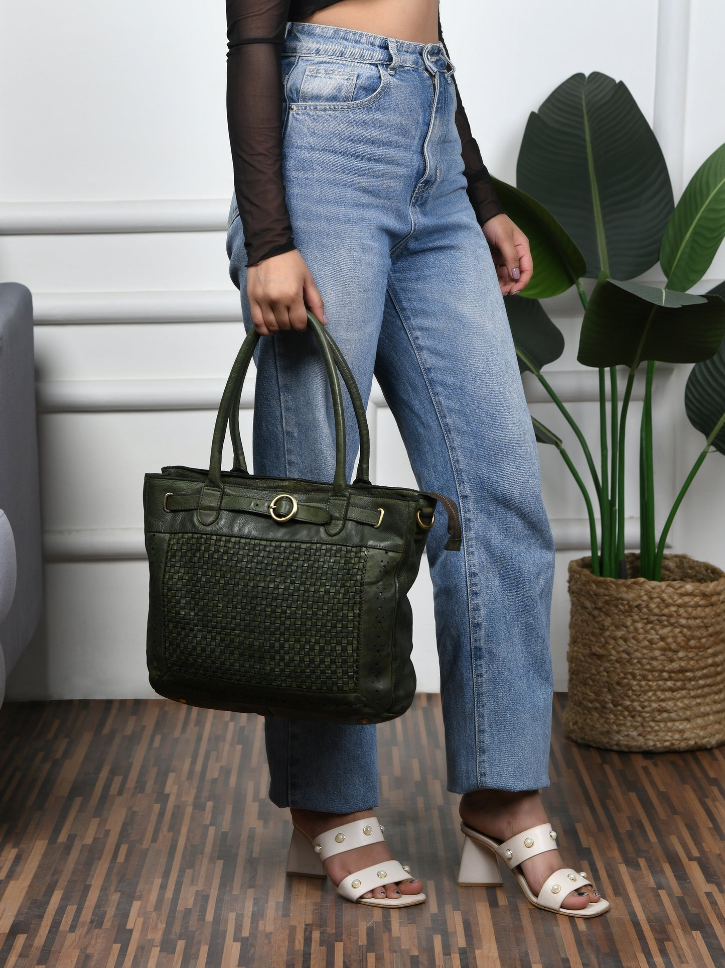 Woven Leather Tote Bag - Olive Green