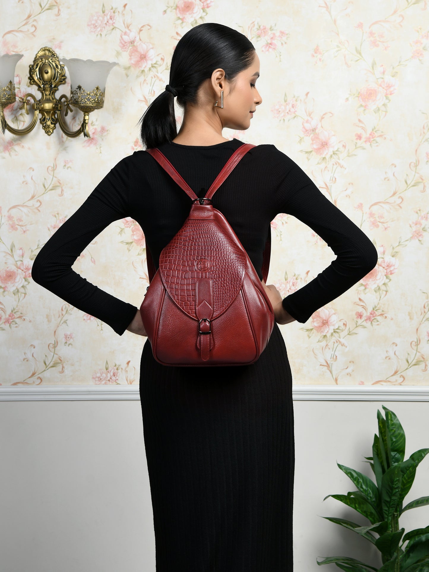 2 in 1 Leather Women Backpack and Shoulder Bag - Maroon Red