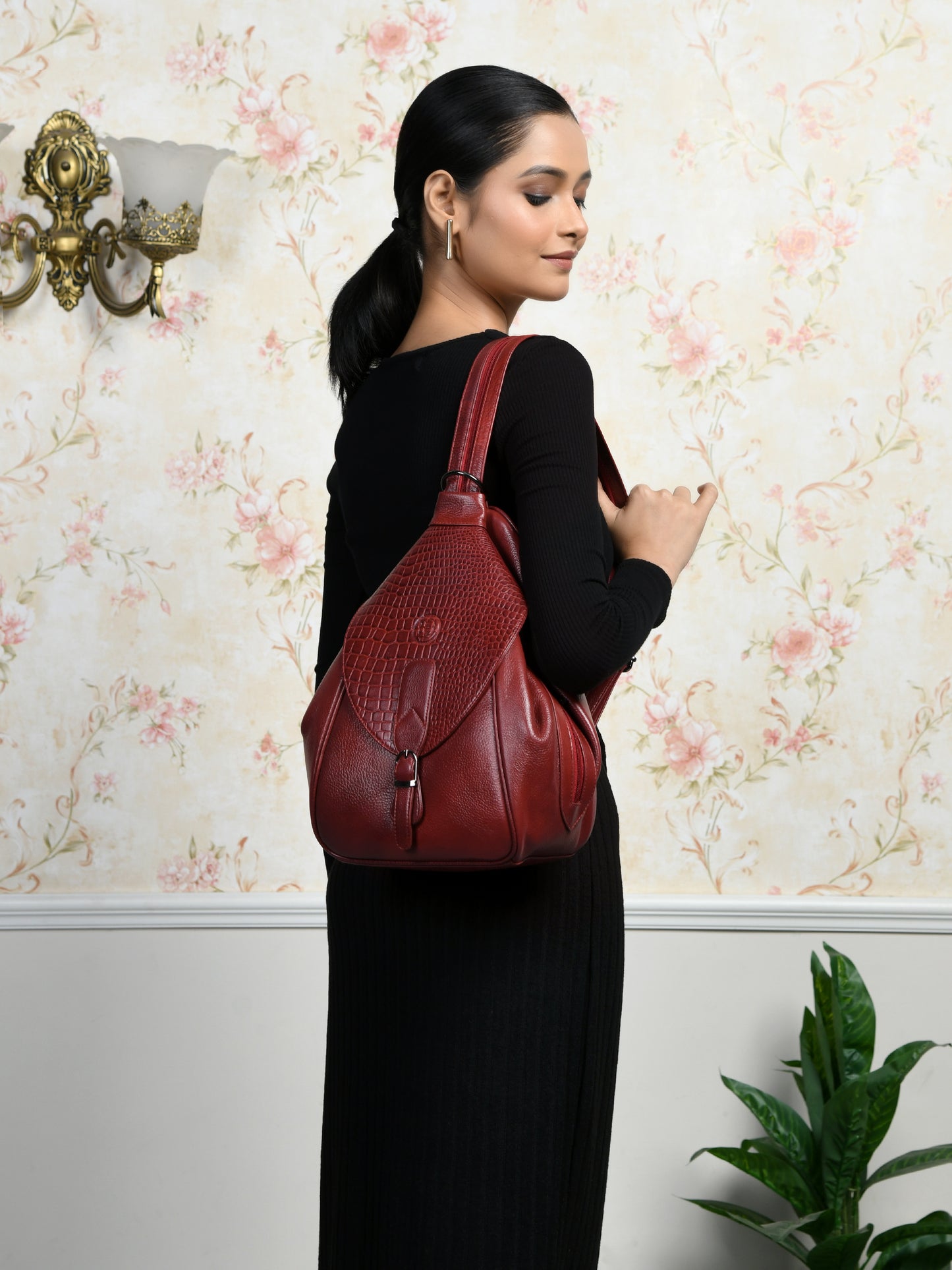 2 in 1 Leather Women Backpack and Shoulder Bag - Maroon Red