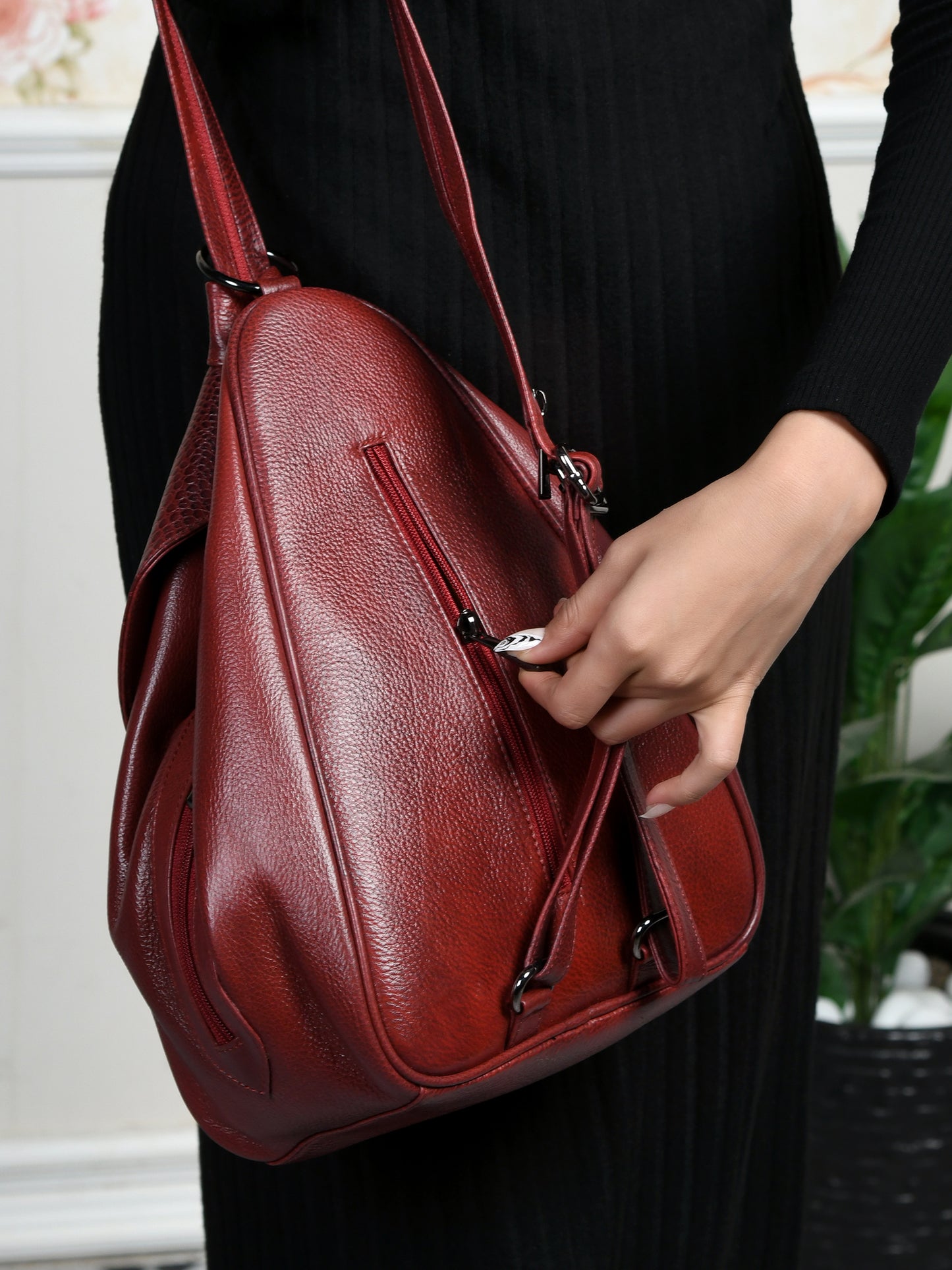 2 in 1 Leather Women Backpack and Shoulder Bag - Maroon Red