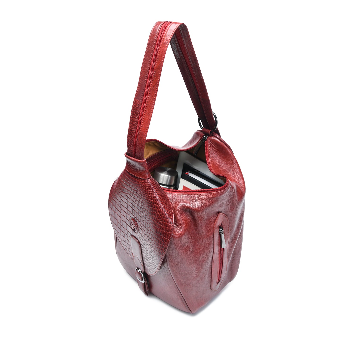 2 in 1 Leather Women Backpack and Shoulder Bag - Maroon Red