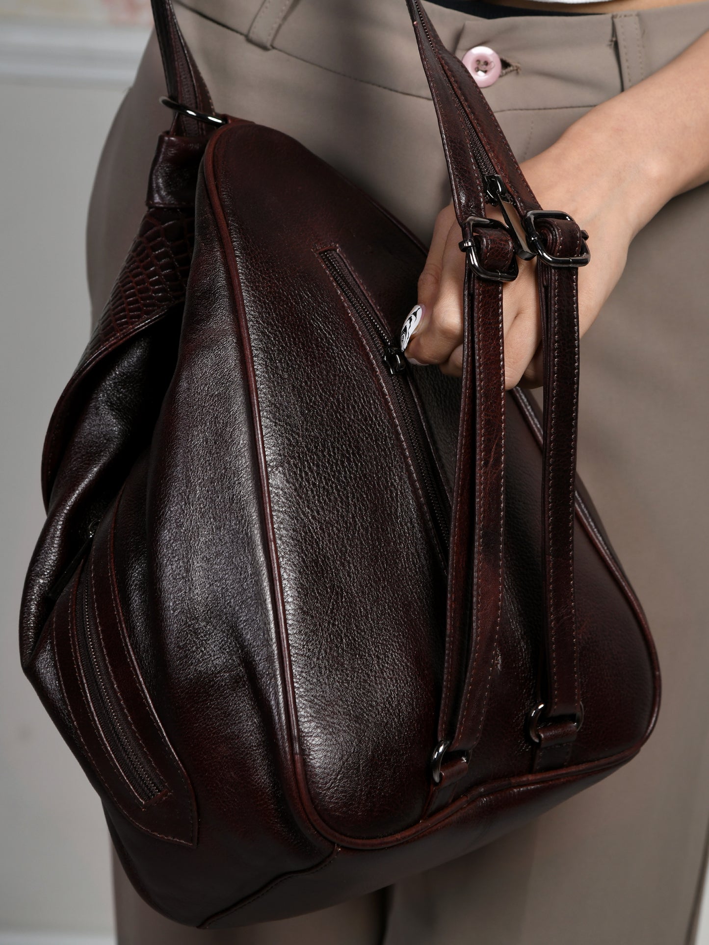 2 in 1 Leather Women Backpack and Shoulder Bag - Dark Brown