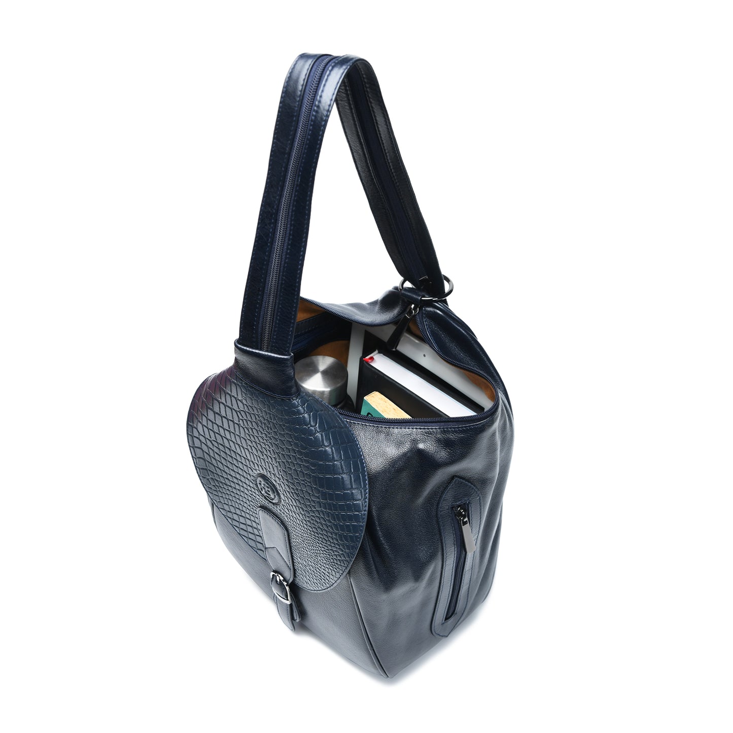 2 in 1 Leather Women Backpack and Shoulder Bag - Navy
