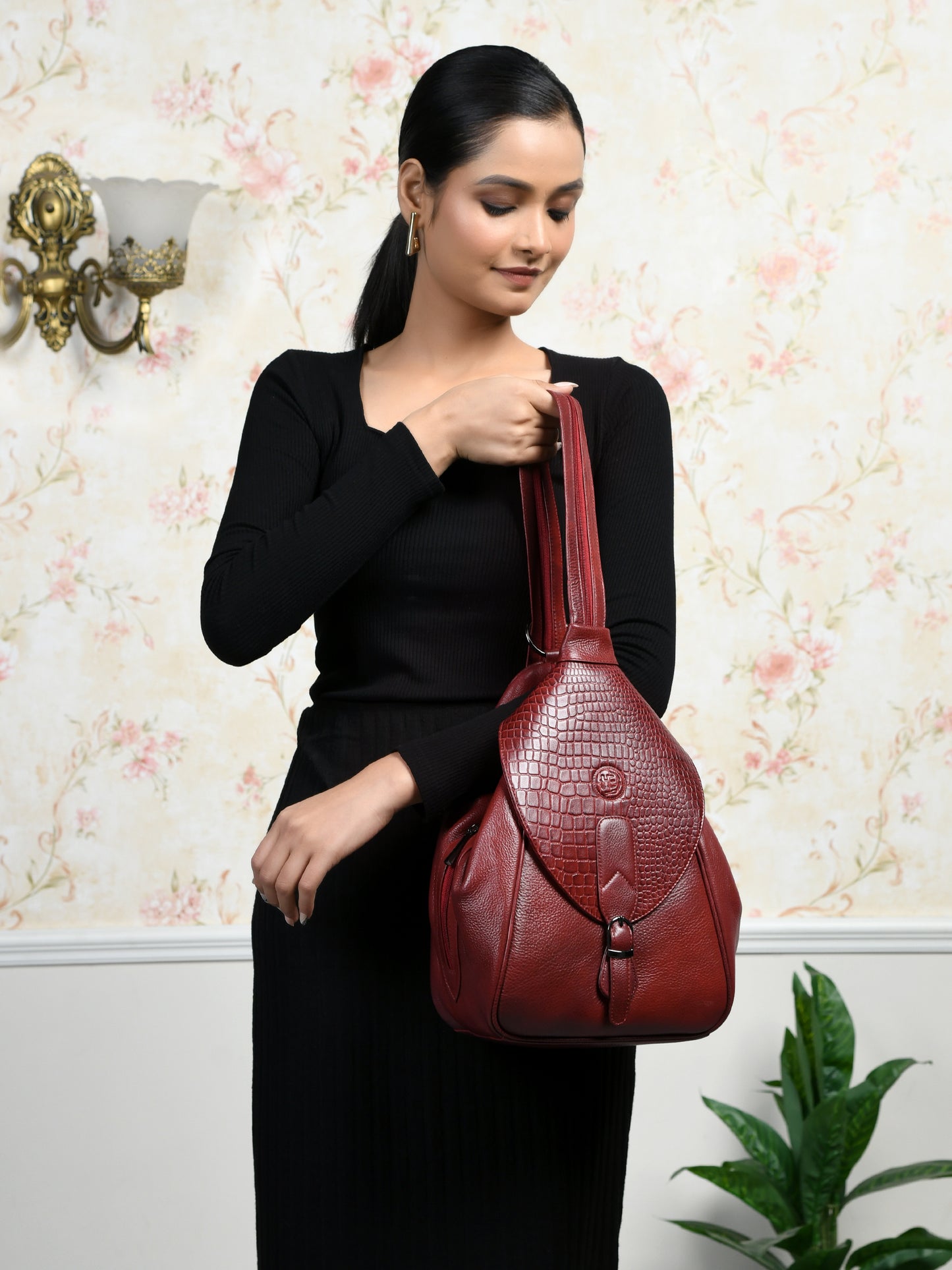 2 in 1 Leather Women Backpack and Shoulder Bag - Maroon Red