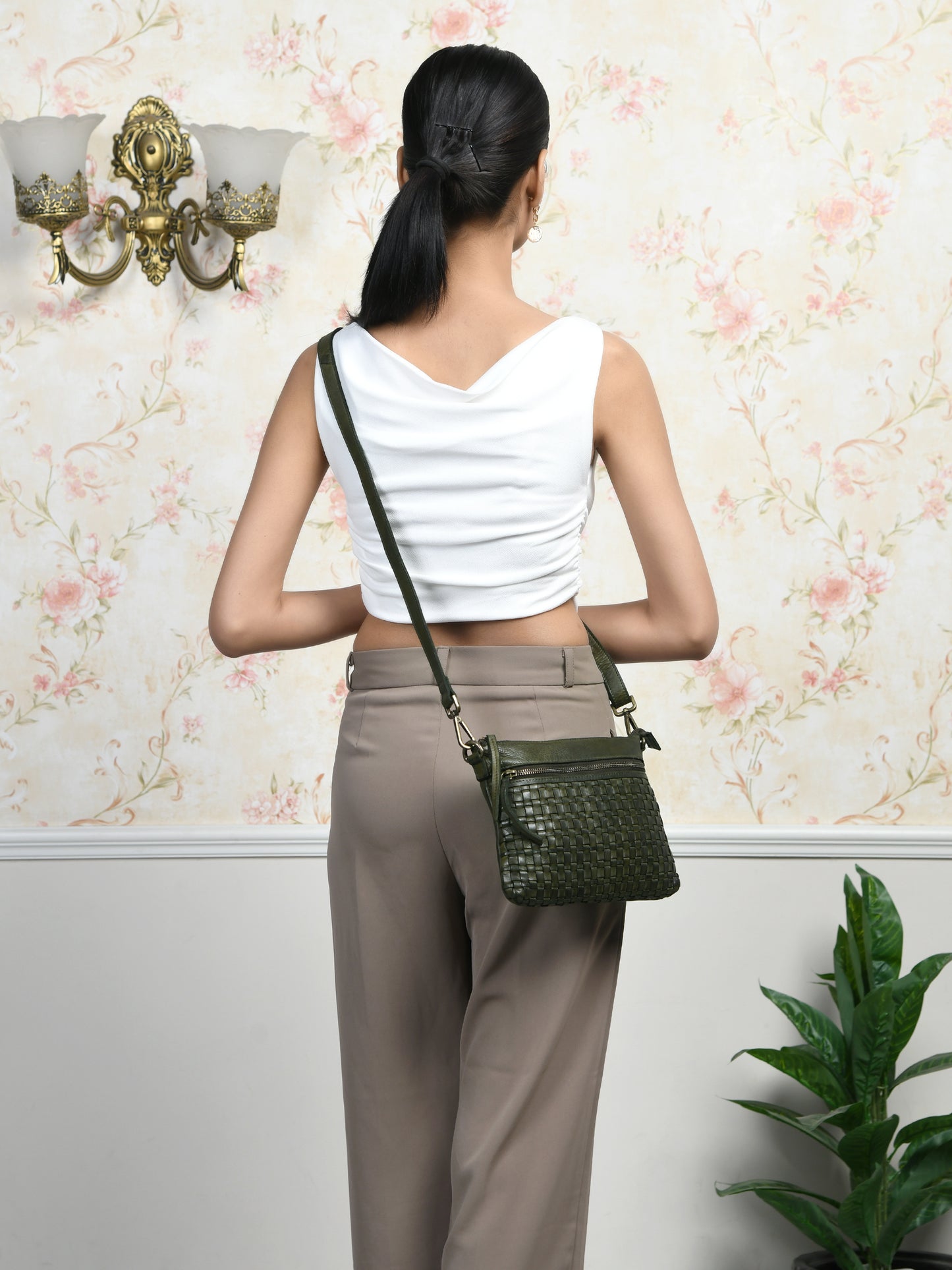 Woven Leather Bag - Olive Green