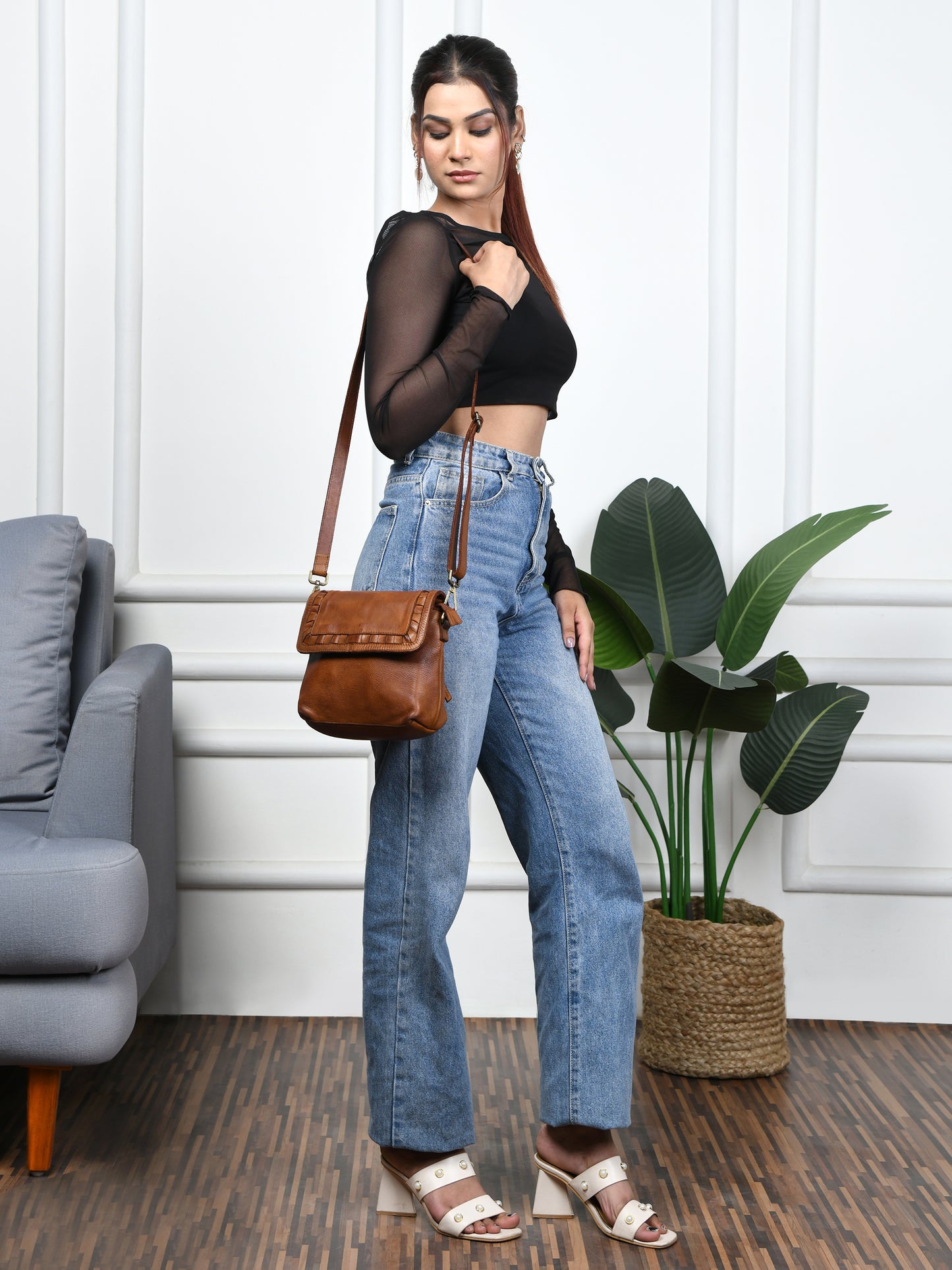 Ruffled Edge Leather Bag - Tan Brown
