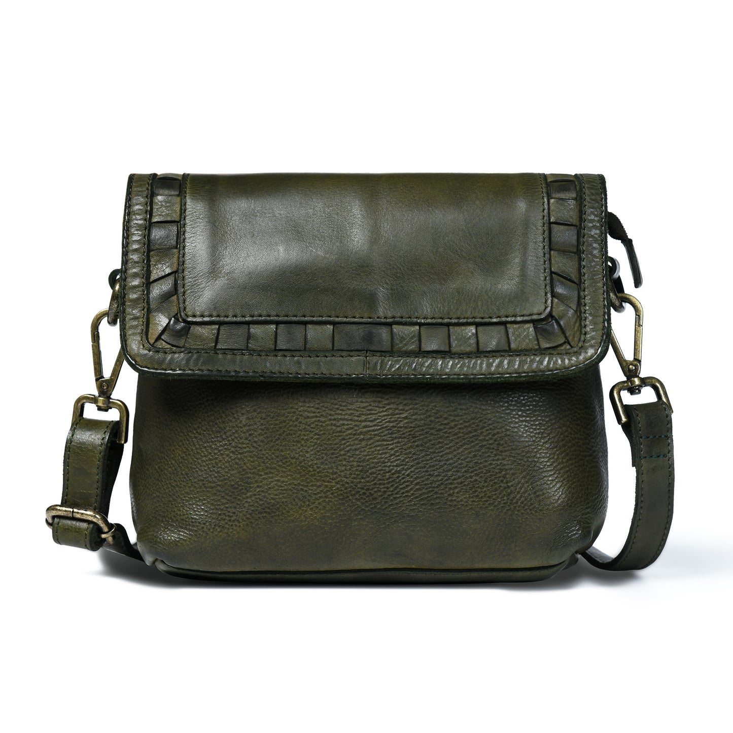 Ruffled Edge Leather Bag - Olive Green