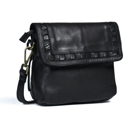 Ruffled Edge Leather Bag - Black