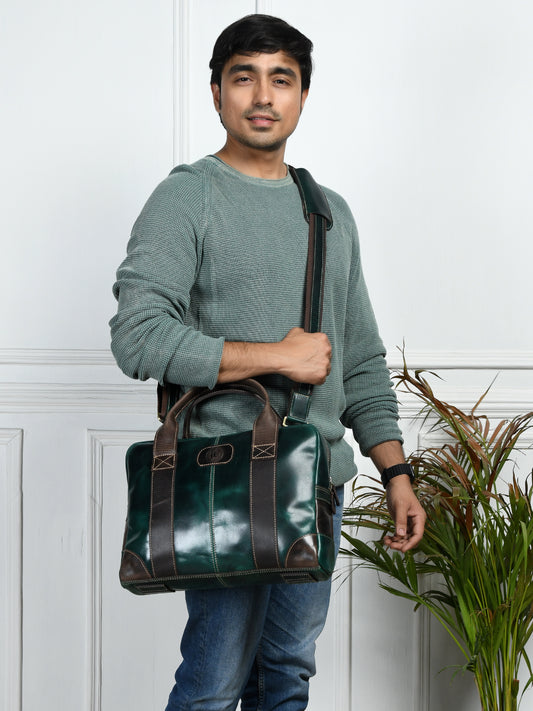 StratoCore Leather Laptop Messenger Bag - Forest Green