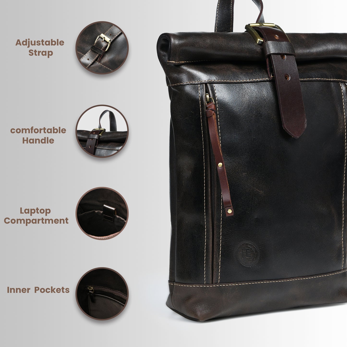 Nomad Roll Top Leather Backpack - Dark Brown