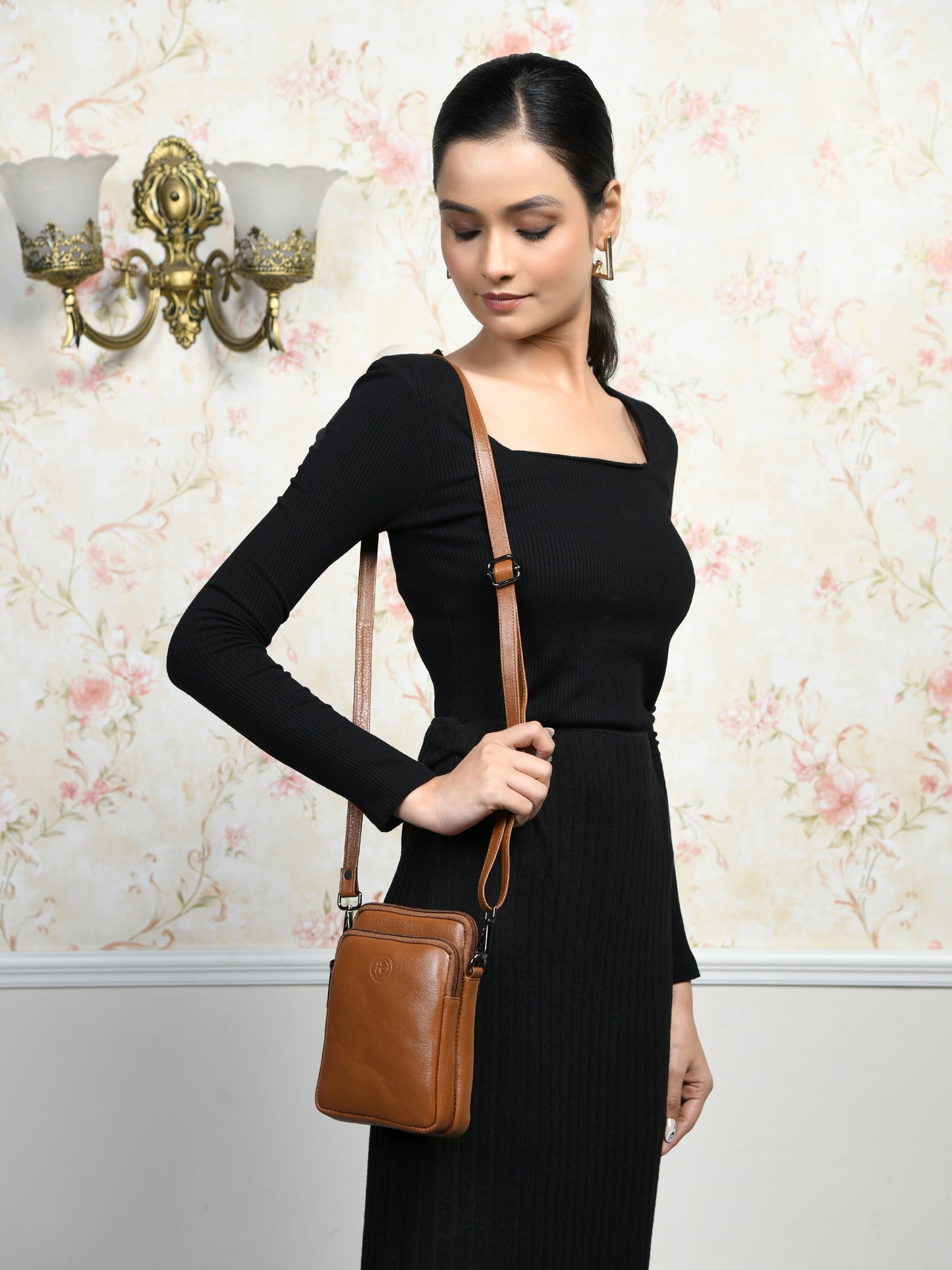 Classic Leather Mobile Sling Bag - Brown