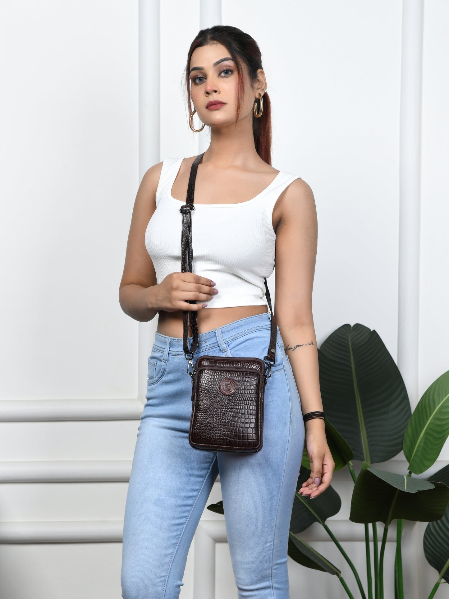 Croc Emposed Sling Bag - Tan Brown
