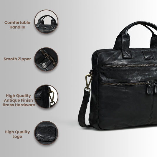 Classic Leather Laptop Bag - Black