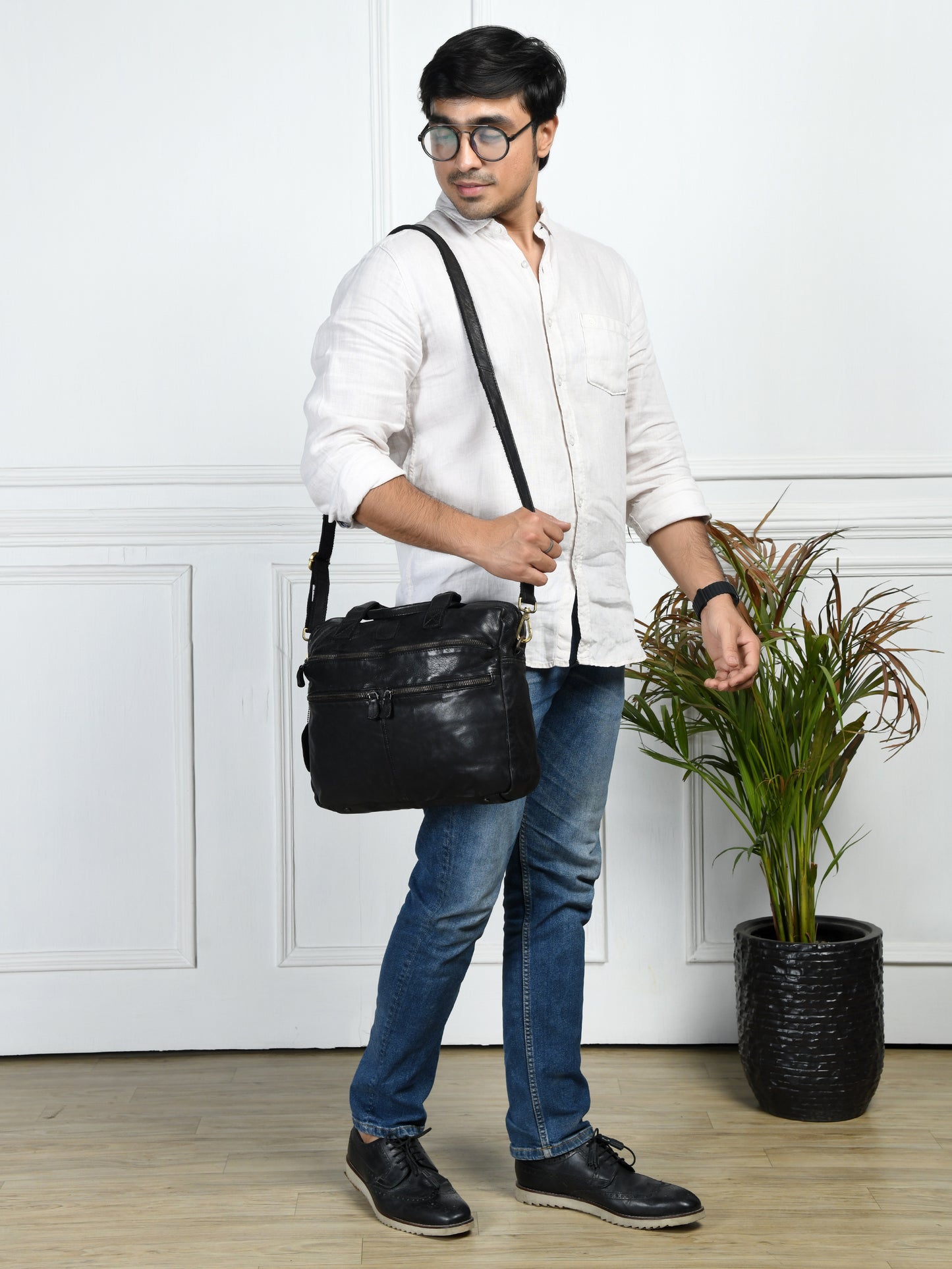 Classic Leather Laptop Bag - Black