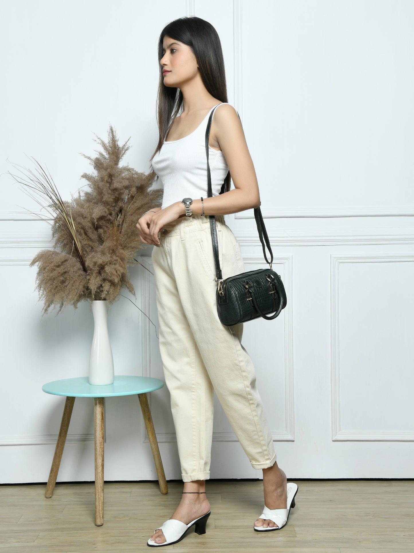 Textured Barrel Satchel - Forest Green