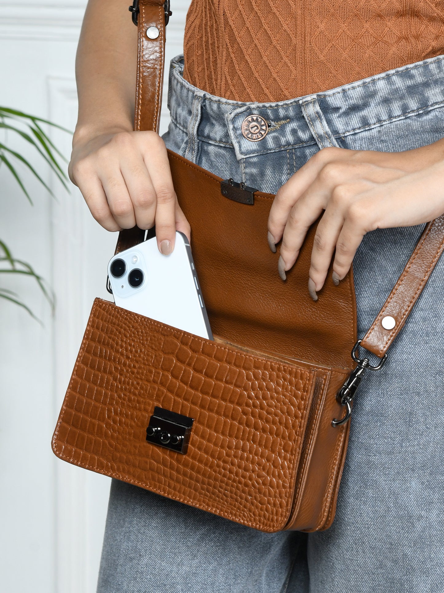 Classic Croco Leather Mini Satchel - Brown