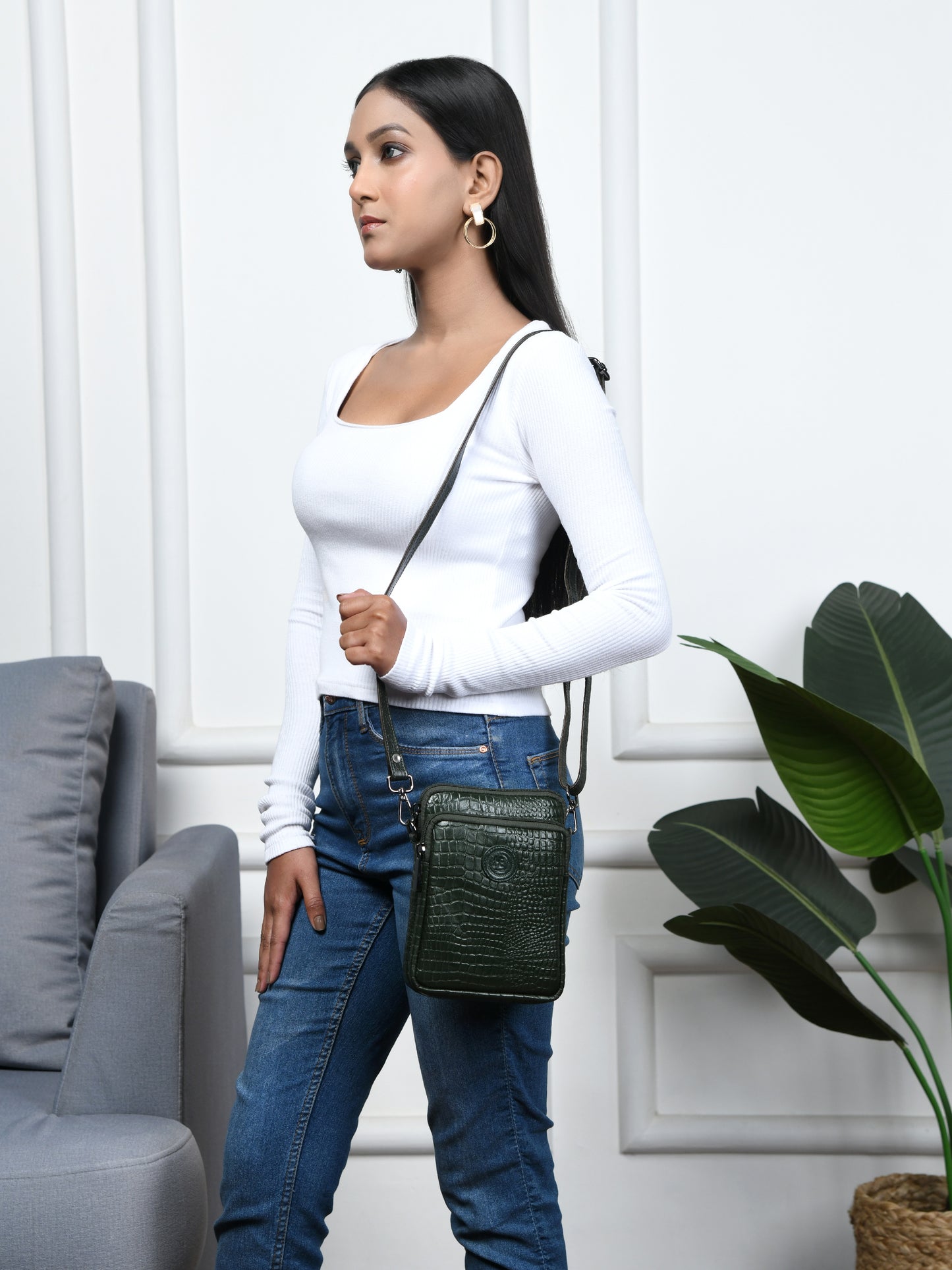 Croc Emposed Sling Bag - Forest Green