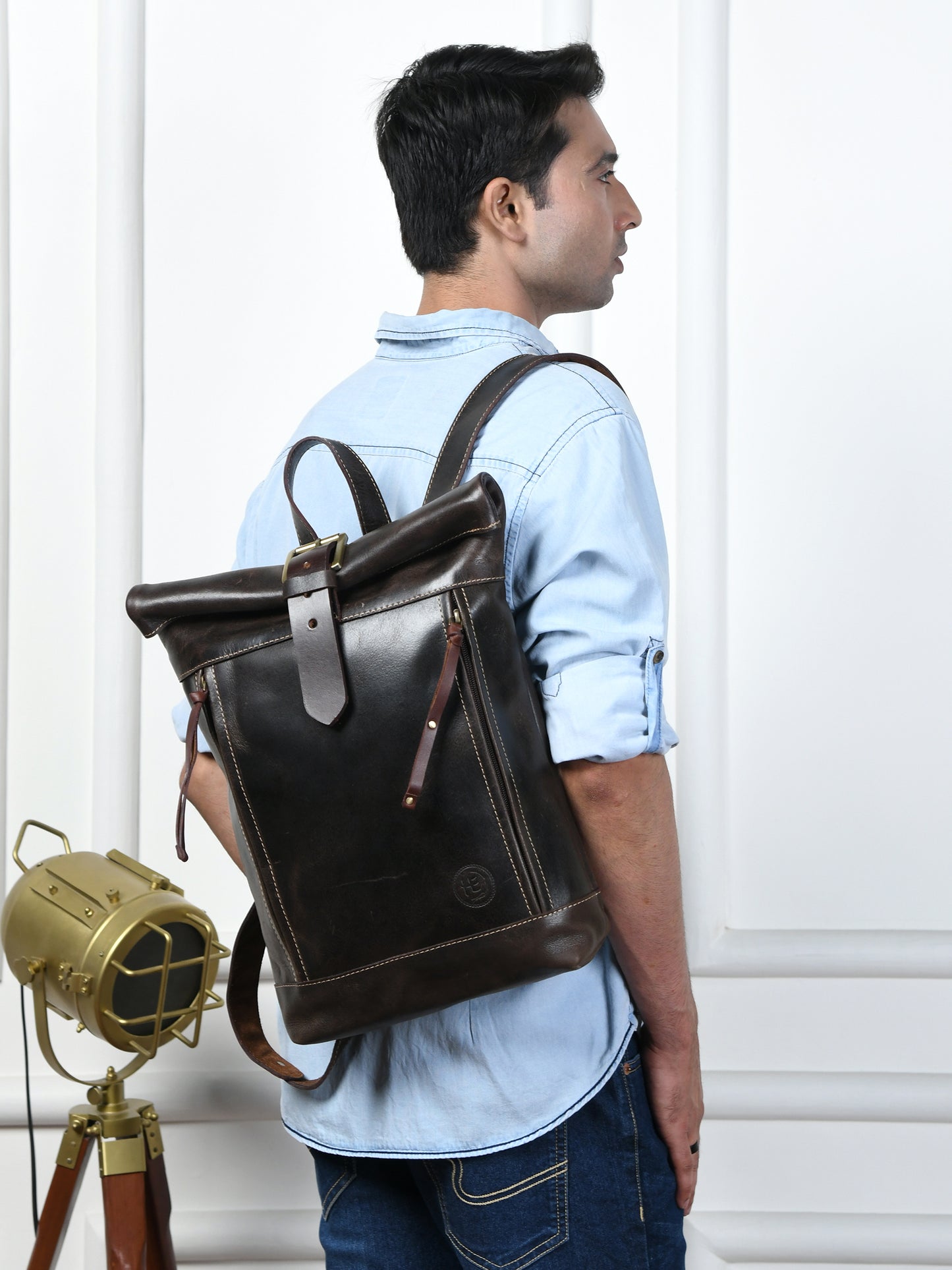Nomad Roll Top Leather Backpack - Dark Brown