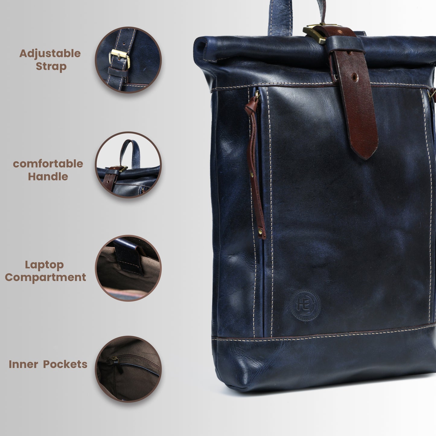 Nomad Roll Top Leather Backpack - Blue