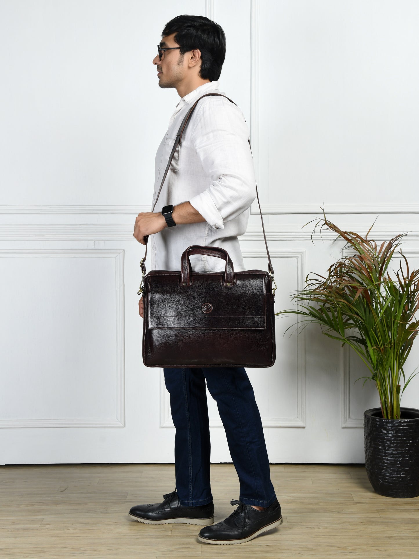 Flap Pocket Leather Office Bag - Dark Brown