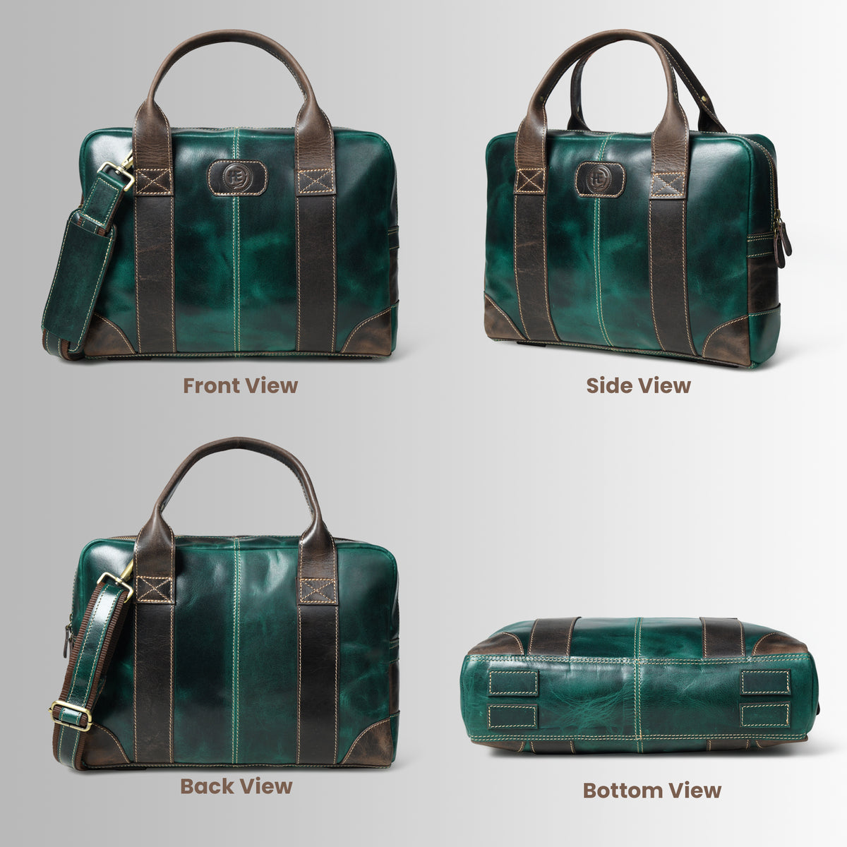 Forest green leather bag - front, side, back, and bottom views, handcrafted buffalo leather | Hema Emporium
