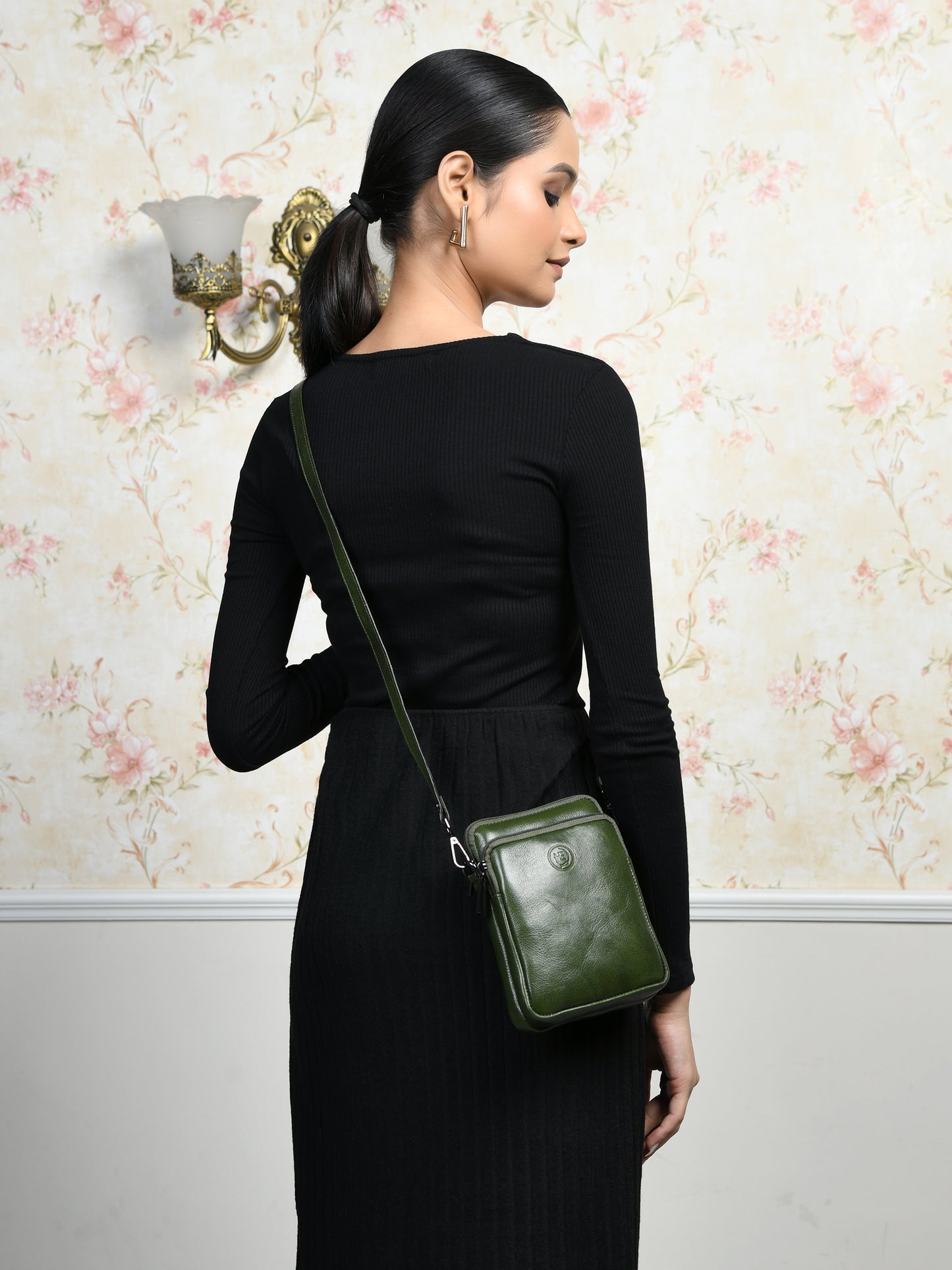 Classic Leather Mobile Sling Bag - Olive Green