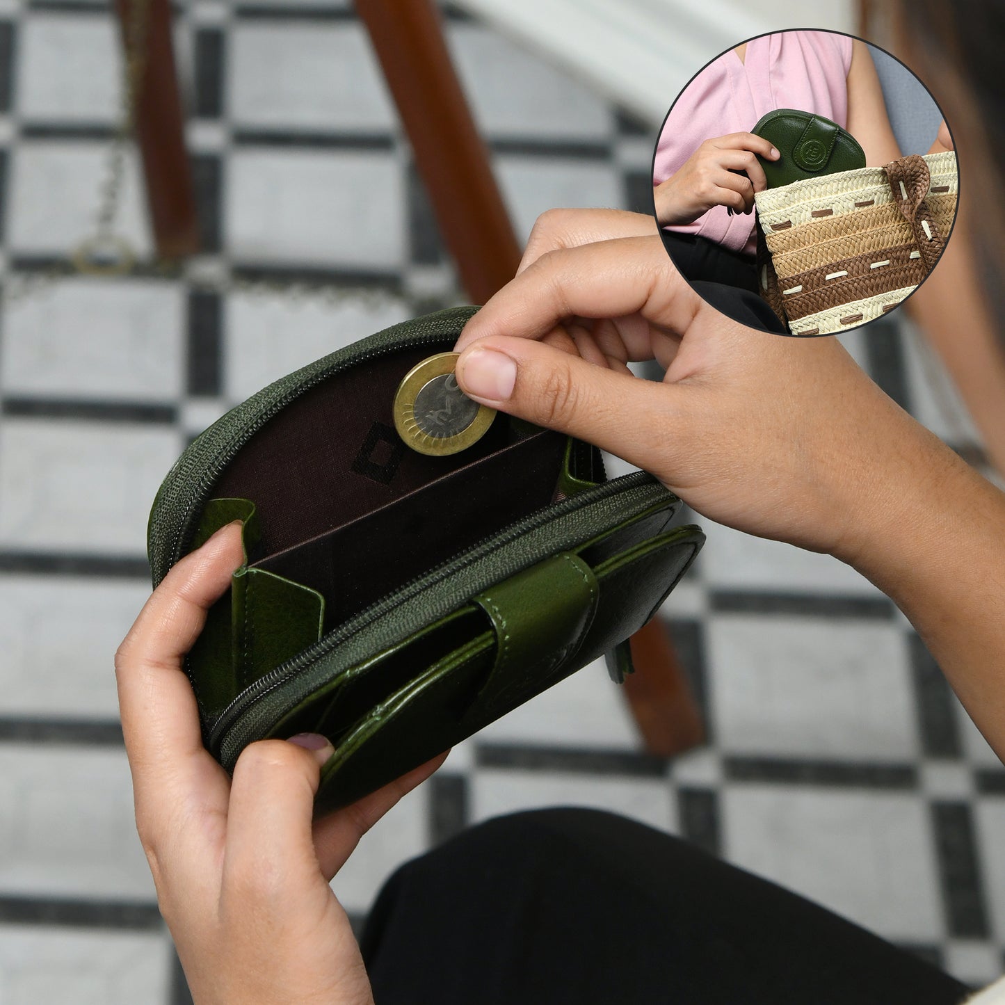 Leather Zip Card Wallet - Forest Green