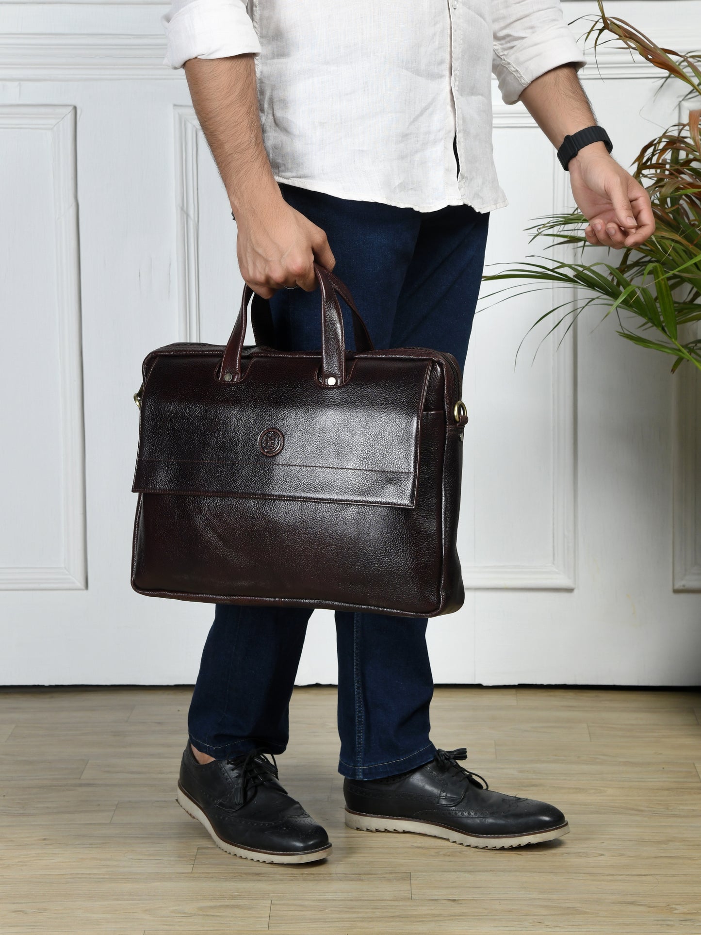 Flap Pocket Leather Office Bag - Dark Brown