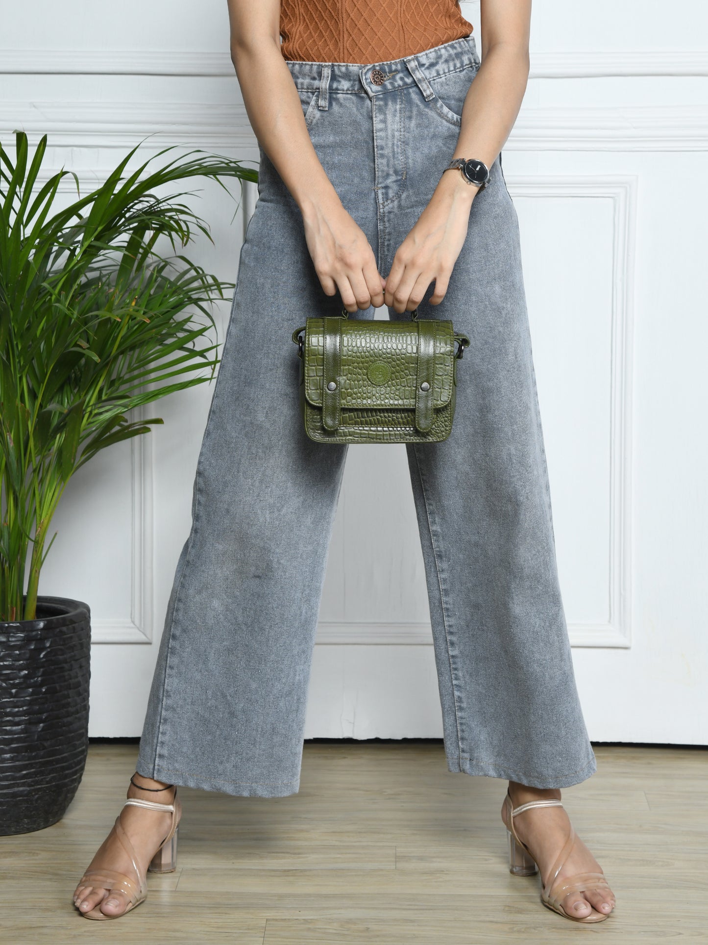 Petite Vintage Croco Leather Handbag - Green