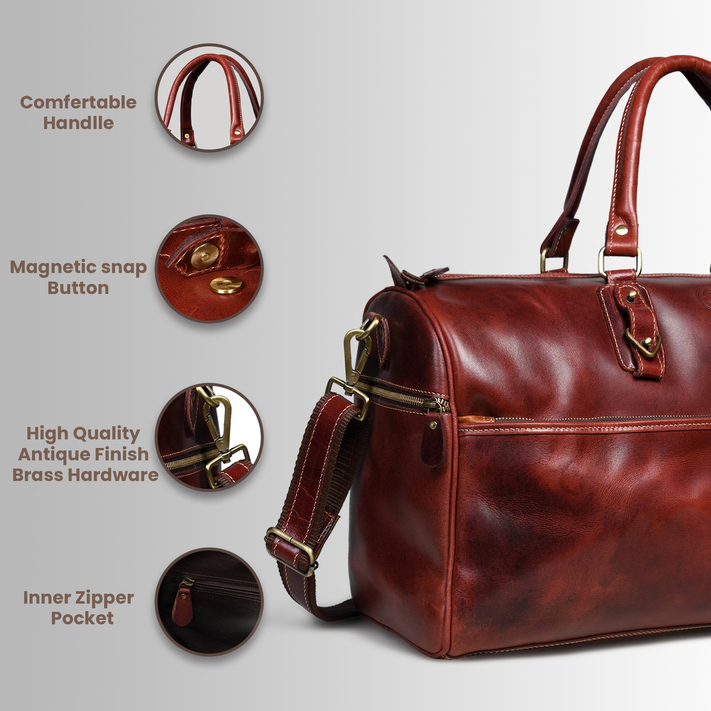 Classic Leather Travel Duffle – Top-Zip Design - Maroon Red