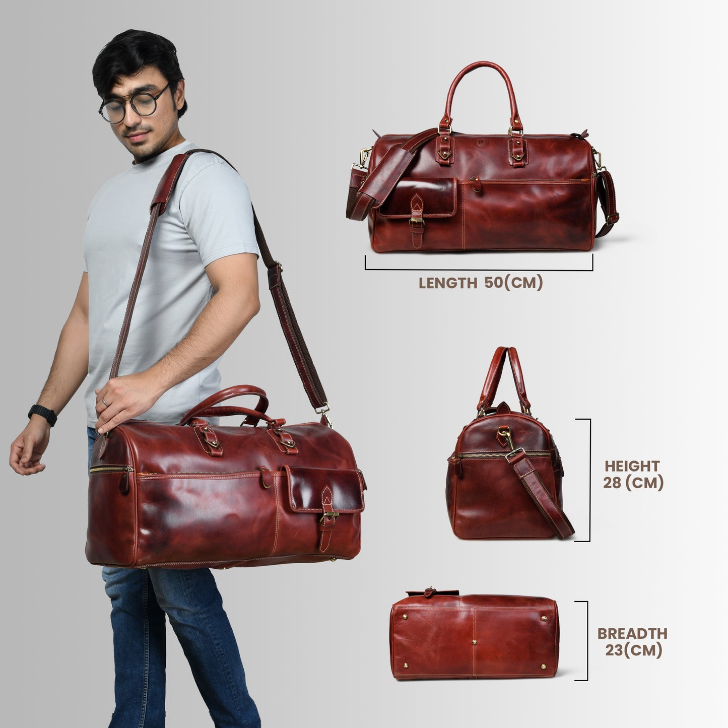 Classic Leather Travel Duffle – Top-Zip Design - Maroon Red