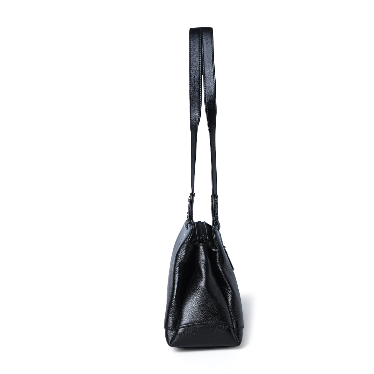 Black leather bag - side view showing straps, handcrafted buffalo leather | Hema Emporium