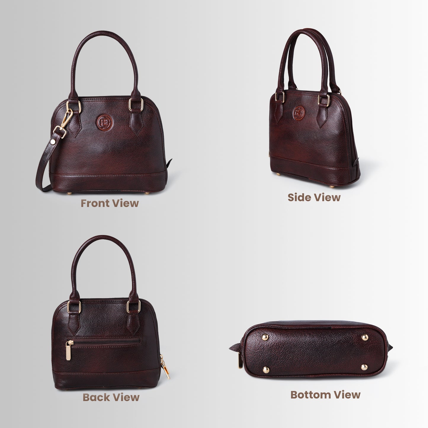 Maroon Red leather bag - front, side, back, and bottom views, handcrafted buffalo leather | Hema Emporium