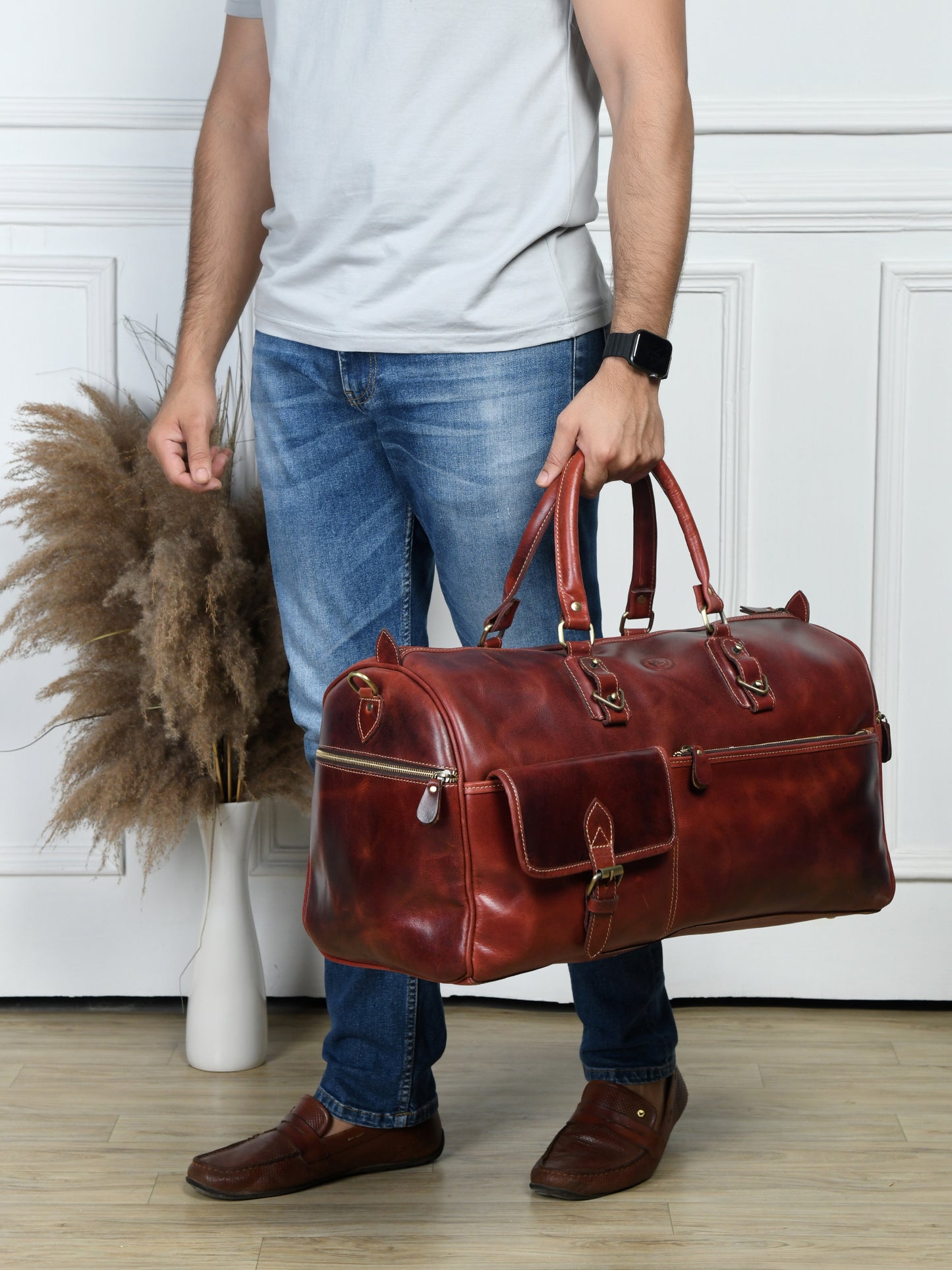 Classic Leather Travel Duffle – Top-Zip Design - Maroon Red