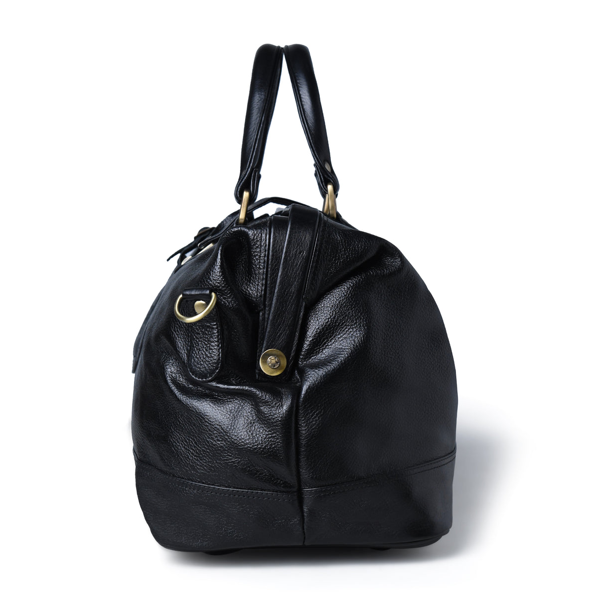A black pebbled leather duffel bag with dual top handles and gold-tone hardware, photographed on a clean white background.