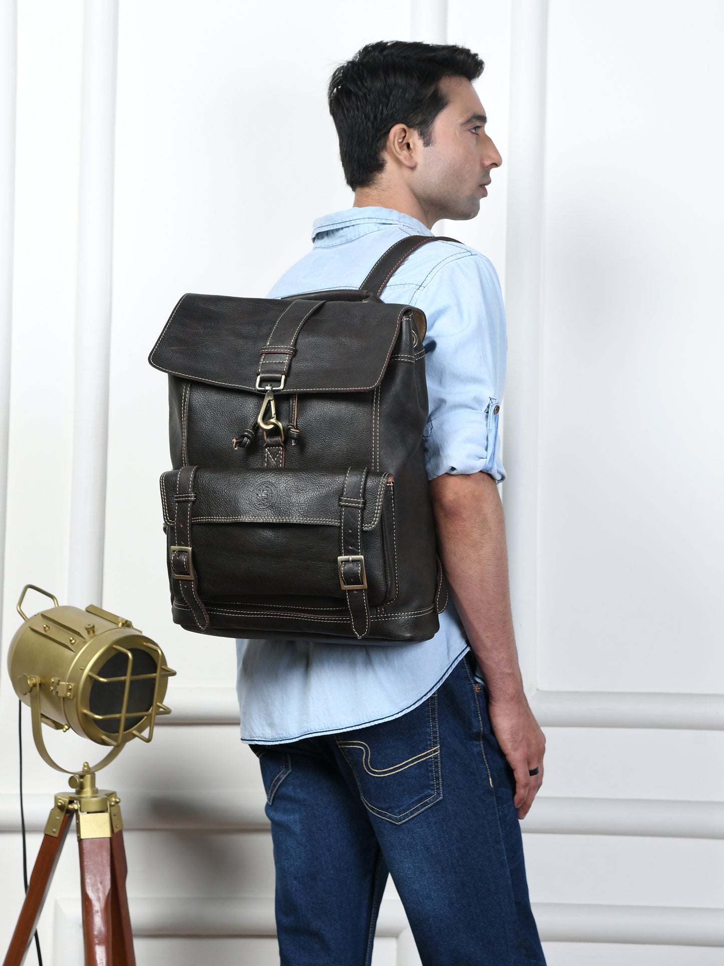 Draw String Leather Backpack - Black