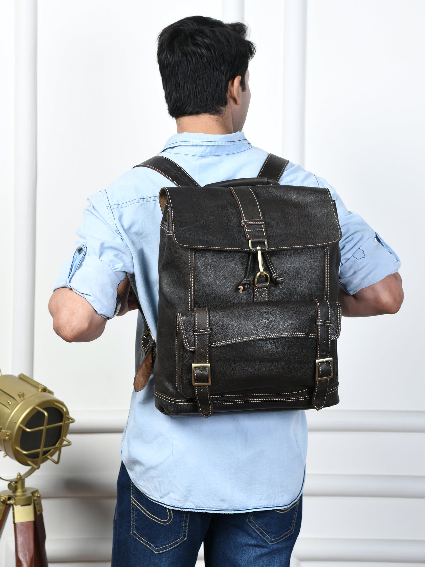 Draw String Leather Backpack - Black