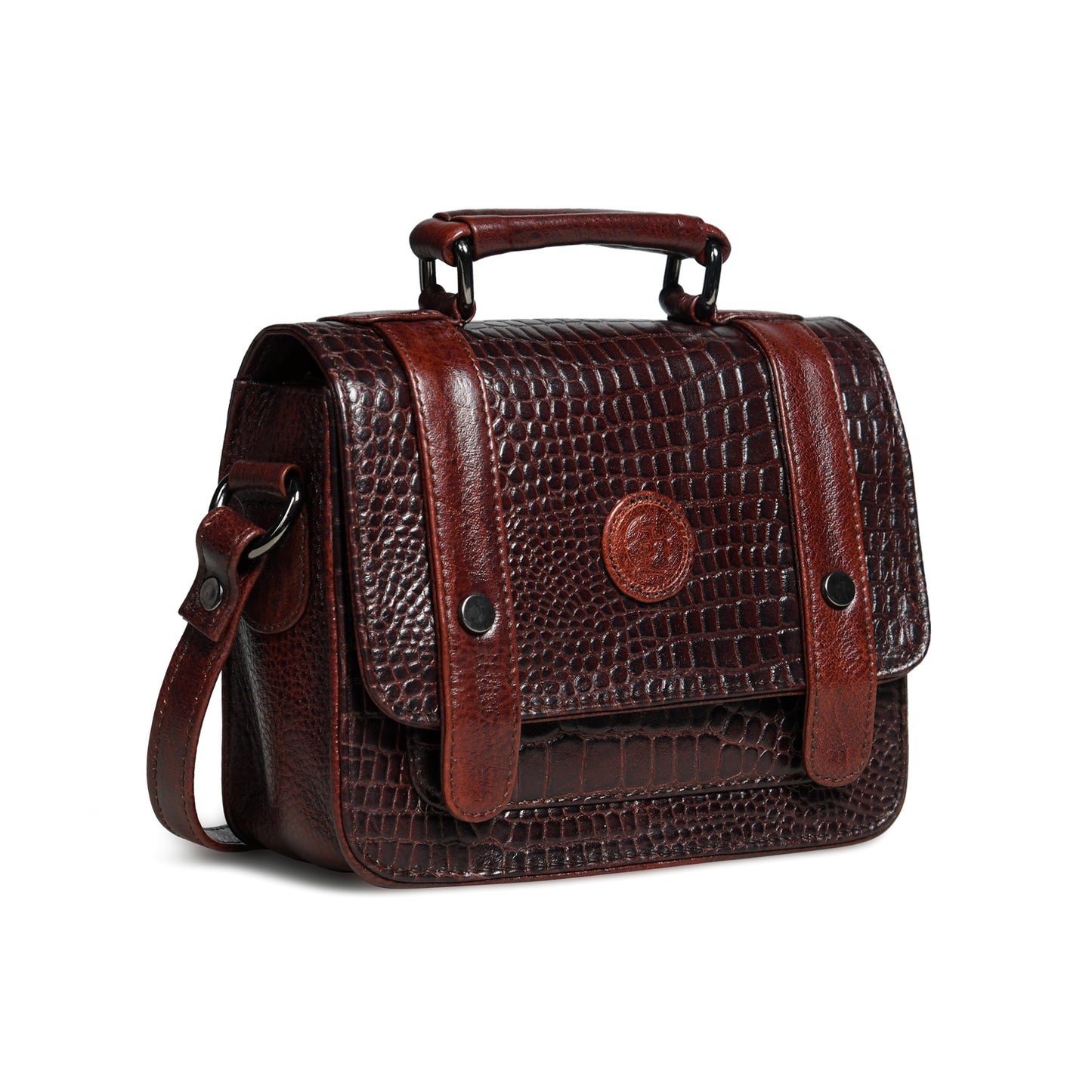 Petite Vintage Croco Leather Handbag - Dark Brown