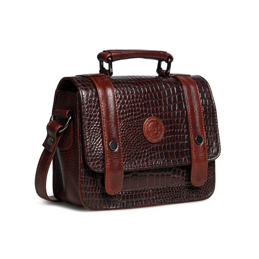 Petite Vintage Croco Leather Handbag - Dark Brown