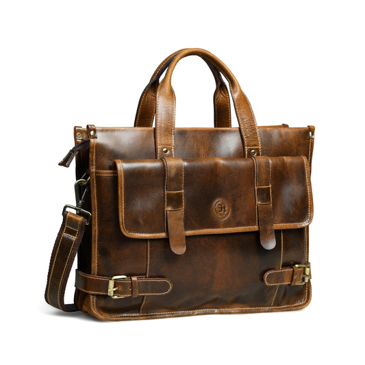 Vintage Belt-Lock Laptop Satchel - Brown